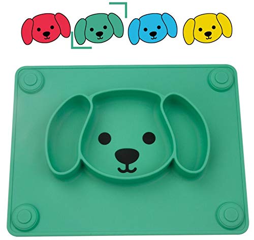 Product Cover Qshare Toddler Plate, Portable Baby Plates for Toddlers and Kids, BPA-Free FDA Approved Strong Suction Plates for Toddlers, Dishwasher & Microwave Safe Silicone Placemat 11x8x1 inch (3Puppy-Turq)