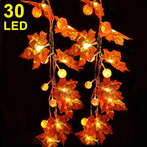 Product Cover Thanksgiving Decoration 10 ft 30 LED Pumpkin Maple Leaf Garland String Lights for Halloween Thanksgiving Fall Decoration Seasonal Light fit Party Indoor Outdoor Decor Gift 3AA Battery Power Waterproof