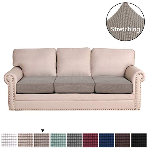 Product Cover H.VERSAILTEX Super Stretch Stylish Furniture Cover/Cushions Covers Slipcover Spandex Jacquard Small Checked Pattern Super Soft Slipcover Machine Washable Individual (3-Piece Sofa Cushion, Taupe)