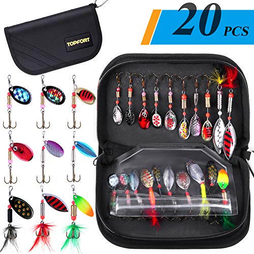 Product Cover TOPFORT Fishing Lures, Fishing Spoon,Trout Lures, Bass Lures, Spinning Lures,Hard Metal Spinner Baits kit with Carry Bag