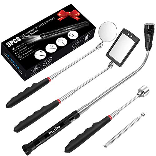 Product Cover Preciva 5PCS Magnetic Telescoping Pick-up Tool Kit with 15lb/1lb Pick Up Rod, Round/Square 360 Swivel Adjustable Inspection Mirror and Telescoping Flexible 3 LED Flashlight