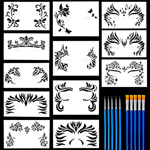 Product Cover 12 Pack Face Painting Stencils Safe & Non-Toxic Reusable Body Painting Facial Makeup Tattoo Template Halloween Makeup Stencil with 10 Nylon Brushes