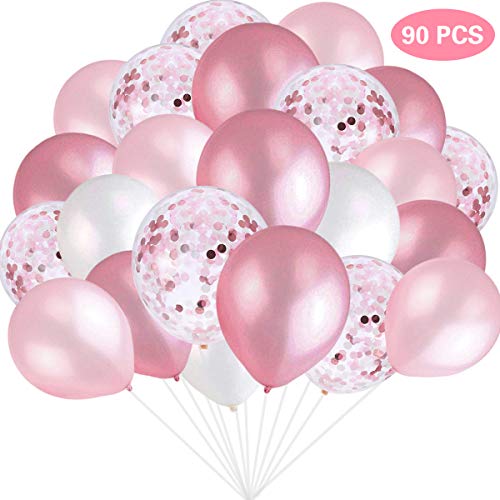 Product Cover Pink and White Balloons, Pink Confetti Balloons White Balloons Total 90 pcs Latex Party Balloons for Hen Party Wedding Baby Shower Birthday Party Decoration