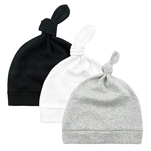 Product Cover Durio Baby Hats Knot Baby Beanie Newborn Baby Boy Hat Soft Baby Girl Beanies Gifts for Baby Newborn Fall Winter Caps 3 Pack Black & White & Grey One Size Fits 0-6 Months