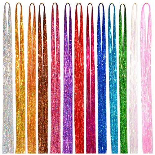 Product Cover Warmfits 47 Inches Hair Tinsel Strands Holographic Salon Quality Hair Glittery Strands Hair Shimmers 12 Colors 2400Pieces Sparkling Shiny Hair Bling for Kids Girl Women Fashion Party Highlights