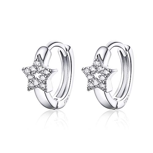 Product Cover CZ Star Cubic Zirconia Cartilage Small Hoop Earrings for Women Girls 925 Sterling Silver Tiny Cute Hollow Diamond Hinged Huggie Sleeper Hoops Hypoallergenic for Sensitive Ear Dainty Jewelry Gift 9mm