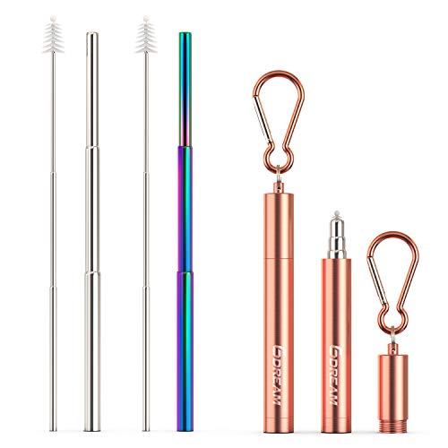 Product Cover GDREAM 2 Pack Portable Reusable Drinking Straws,Collapsible Stainless Steel Metal Straws, Telescopic Stainless Steel Metal Straw with Aluminum Keychain Case and Cleaning Brush/Rose Gold
