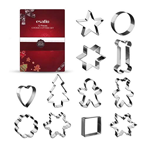Product Cover esafio Cookie Cutter Set, 12 Pieces Various Shapes 304 Stainless Steel Cookie Cutters for Birthday, Baking, Halloween & Christmas