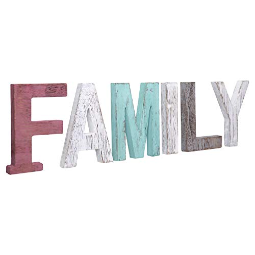 Product Cover Y&Me Rustic Wood Family Sign, Decorative Wooden Block Word Signs, Freestanding Wooden Letters, Rustic Family Signs for Home Decor, 24.8 x 6 Inch, Multicolor (Family)