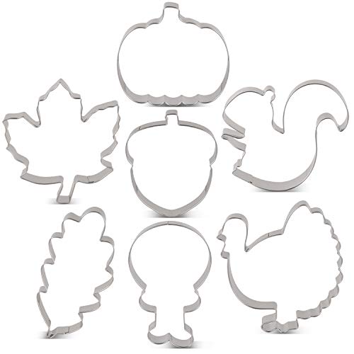 Product Cover LILIAO Fall Thanksgiving Cookie Cutter Set - 7 Piece - Pumpkin, Turkey, Maple Leaf, Oak Leaf, Turkey Leg, Squirrel and Acorn Biscuit Fondant Cutters - Stainless Steel