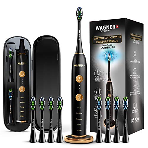 Product Cover WAGNER Switzerland WHITEN+ EDITION. Smart electric toothbrush with PRESSURE SENSOR. 5 Brushing Modes and 3 INTENSITY Levels, 8 DuPont Bristles, Premium Travel Case, USB Wireless charging.