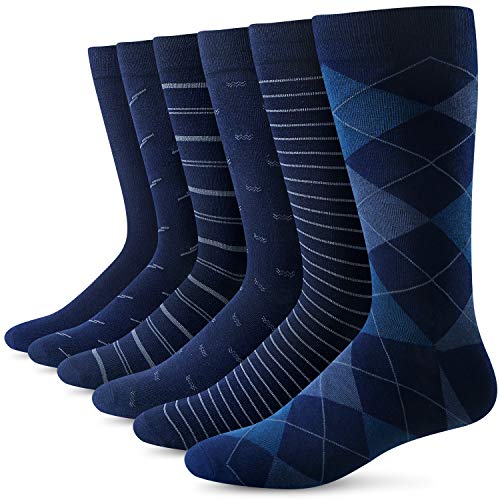 Product Cover Yousu Men Dress Socks Comfortable Business Casual Knit Solid Pattern Cotton Crew Sock 6 Pairs Blue