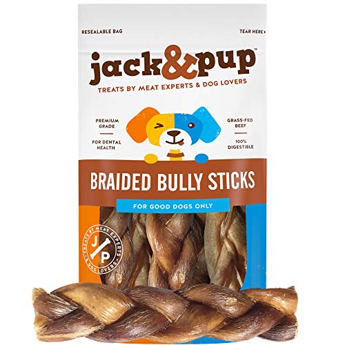 Product Cover Jack&Pup Braided Bully Sticks for Dogs - Premium Odor Free Dog 6 inch Braided Bully Stick, Long Lasting Chew Bones. Odorless Dog Chew Sticks. (5 Pack)