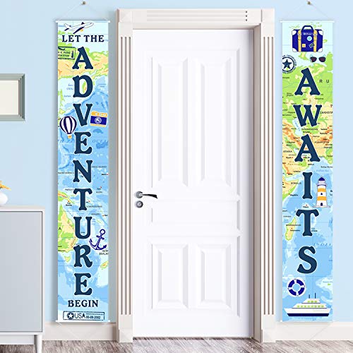 Product Cover Adventure Awaits Bon Voyage Banner Garland Party Decoration Set Travel Themed Porch Sign Adventure for Indoor/Outdoor Retirement Moving Relocation Travel Wedding Bachelorette Party Decorations (Blue)