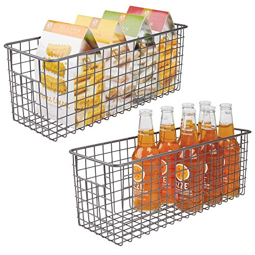 Product Cover mDesign Narrow Farmhouse Decor Metal Wire Food Storage Organizer Bin Basket with Handles for Kitchen Cabinets, Pantry, Bathroom, Laundry Room, Closets, Garage - 2 Pack - Graphite Gray