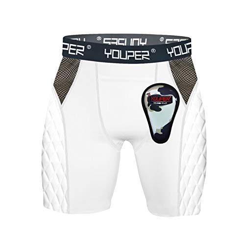 Product Cover Youper Boys Youth Elite Compression Sliding Shorts - Padded Slider Shorts with Soft Protective Athletic Cup for Baseball, Softball, Lacrosse, MMA (White, Youth - Medium)