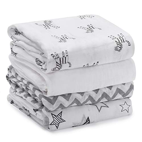 Product Cover Momcozy Muslin Baby Swaddle Blankets, Large Neutral Receiving Blankets Wrap for Baby, 47 x 47 inch, 4 Pack, Soft Silky 30% Cotton + 70% Bamboo. Newborn to Toddler. (Zebras, Stars, Waves, Pure White)