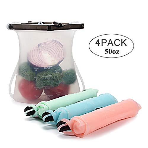 Product Cover Kuke Silicone Bags Reusable Silicone Food Storage Bags, Dishwasher and Microwave Safe, Airtight Seal and Leak Proof, Easy to Clean and Use, Great for Sandwich Snack Soups Lunch Milk Fruit Meat（4 Pack）