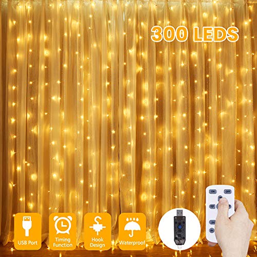 Product Cover Curtain Lights,GLIME 300 LED Window Curtain String Lights, 8 Modes with Remote & Timer 2/4/6/8h Fairy String Lights for Bedroom Wedding Party Christmas Outdoor Indoor Wall Decoration USB (Warm White)