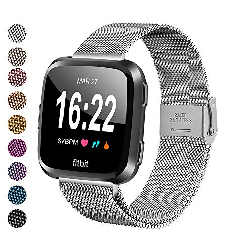 Product Cover MEFEO Compatible with Fitbit Versa Bands, Stainless Steel Metal Band Mesh Bracelet with Strong Magnet Lock Wristbands Replacement for Fitbit Versa/Versa 2/Versa Lite/SE (Silver, Large)