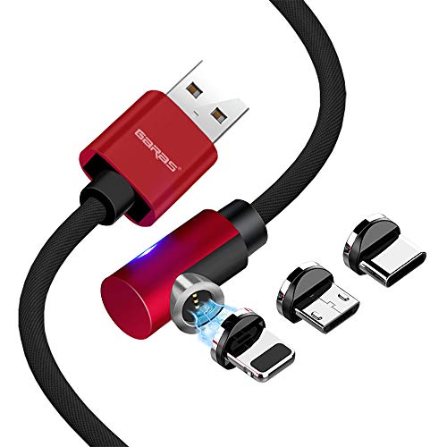Product Cover Magnetic Cable, GARAS 3 in 1L Shaped Nylon Braided USB Fast Charging & Data Syncing Cord with LED Light Compatible with Mirco USB, Type C Smartphone and iProduct (3.9 ft-Red)