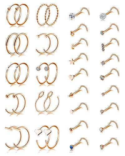 Product Cover Tornito 20G 38Pcs Stainless Steel Nose Screw Studs Rings CZ Hoop Tragus Cartilage Nose Ring Labret Nose Piercing Jewelry for Men Women (A02:38Pcs, Rose Gold Tone)