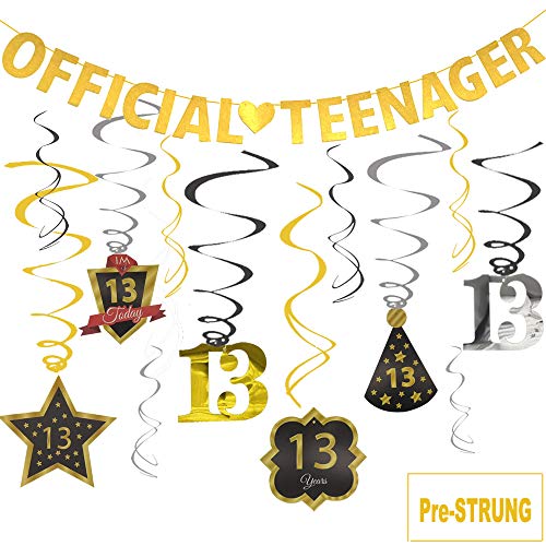 Product Cover Official Teenager Banner 13 Birthday Decoration Kit, JESWELL Pre Threaded Birthday Party Banner and Sparkling Celebration Swirls for 13 Years Old Party Supplies