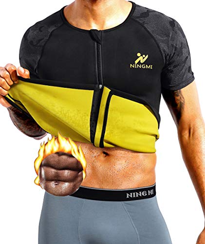 Product Cover NINGMI Mens Neoprene Sauna Suits Sweat Top Weight Loss Body Shaper for Training Vest Workout Shirt Zipper Short Sleeve Black