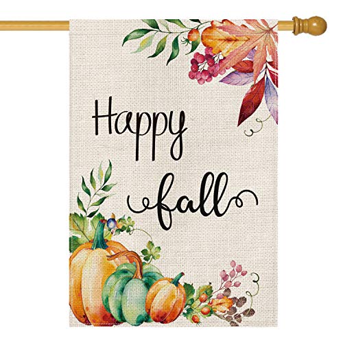 Product Cover AVOIN Happy Fall House Flag Vertical Double Sided Maple Leaf Leaves Pumpkins, Seasonal Autumn Vintage Thanksgiving Rustic Burlap Yard Outdoor Decoration 28 x 40 Inch