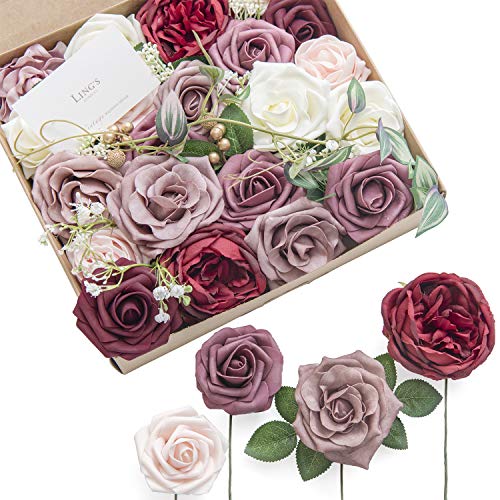 Product Cover Ling's moment Artificial Flowers Combo Dusty Rose & Burgundy Wedding Decorations Flowers for DIY Bouquets Centerpieces Floral Arrangements (Mature Dusty Rose)