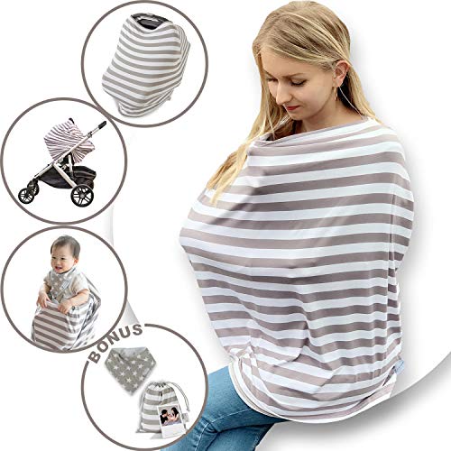 Product Cover Nursing Cover for Breastfeeding with Drool Bib and Storage Bag - Soft and Breathable Breastfeeding Cover Ups - Stretchy 5-in-1 Car Seat Covers for Babies - Infant Carseat Cover for Baby Shower Gift