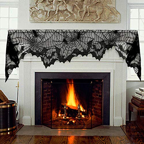 Product Cover UBTKEY Lace Spider Bat Web Fireplace Spiderweb Lamp Shade Mantel Scarf Fireplace Cover for Door Window Mysterious Halloween Decor Festival Party Supplies 18 x 96 inch