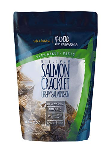 Product Cover Williwaw Salmon Cracklet Pack - 0.7 oz - Gluten Free High Protein Snacks - Keto Friendly, High in Collagen, Up-Cycling, Crispy, Patagonia - Natural Oven Baked Crackers 4 Pack (Pesto)