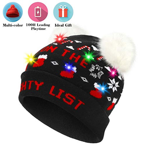 Product Cover LNKK LED Light Up Christmas Beanie Hat LED Light Knit Cap Xmas Party Beanie Hat LED Silly Christmas Hats for Kids Novelty Beanies Knit Hats LED Christmas Light Flashing Beanie
