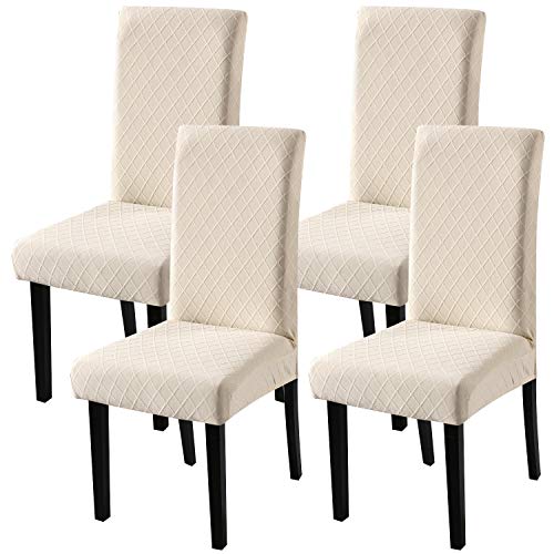 Product Cover Fuloon 4 Pack Super Fit Stretch Removable Washable Short Dining Chair Protector Cover Seat Slipcover for Hotel,Dining Room,Ceremony,Banquet Wedding Party (Beige)