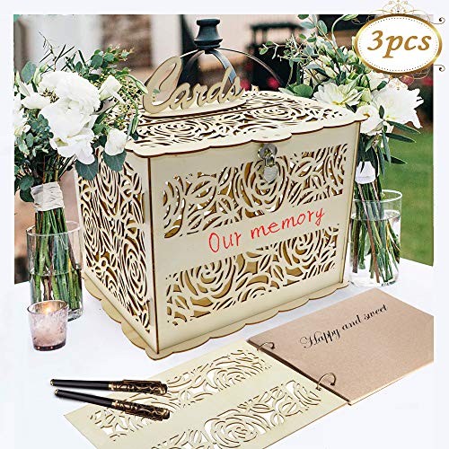 Product Cover Coodoo Wedding Decorations Card Box and Guest Book Roses Wooden Card Holder Money Box with Security Heart Lock Rustic Supplies for Reception Wedding Baby Shower Birthday Graduation Anni