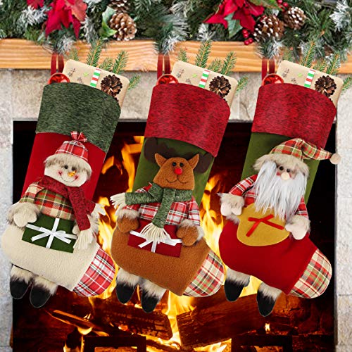 Product Cover Aitey Christmas Stockings, 18 inches Large Family Christmas Stockings Set of 3 Character Santa, Snowman, Reindeer 3D Plush with Faux Fur Cuff Xmas Decorations for Kids