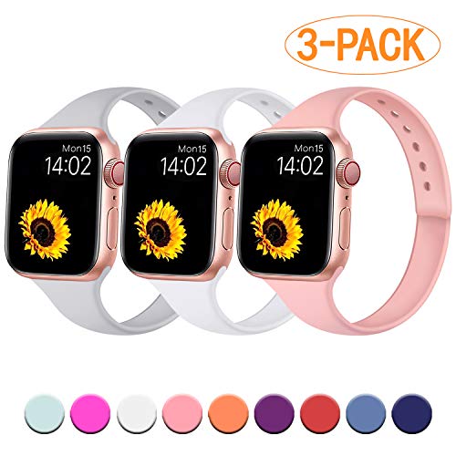 Product Cover R-fun Slim Bands Compatible with Apple Watch Band 40mm Series 4 38mm Series 3/2/1, 3 Pack Soft Silicone Sport Strap Wristband for Women Men Kids with iWatch, Pebble/Pink/White