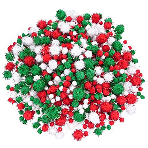 Product Cover Livder Christmas Pom Poms Pompoms Red Green White Glitter Fluffy Balls, DIY Art Crafts Decorations Supplies (4 Sizes, 900 Pieces)