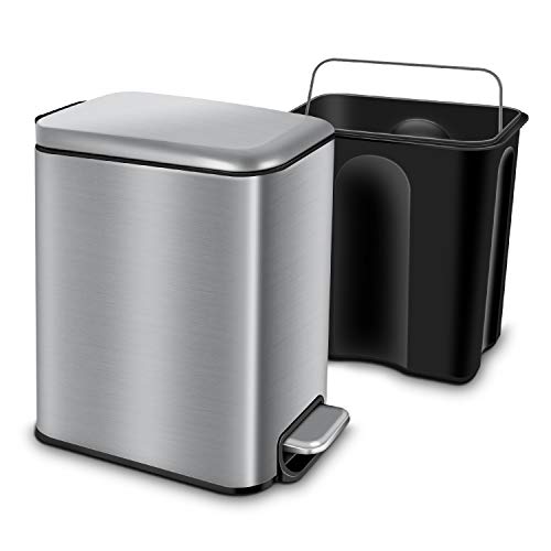 Product Cover YCTEC Rectangular Small Trash Can with Lid Soft Close and Removable Inner Wastebasket, Anti-Fingerprint Brushed Stainless Steel Trash Can for Bathroom, Bedroom, Office, Kids Room, 5L/1.3Gal, Silver