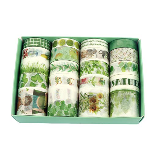 Product Cover Fresh Green Washi Tape 20 Rolls, Grass Leaf Flower Tree Fruit Kawaii Cake Animal Washi Masking Tape Set for Scrapbooking, Bullet Journal, Planner, Gift Wrapping, Holiday Decoration