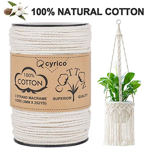 Product Cover cyrico Macrame Cord 3mm x 252 Yards, 100% Natural Unbleached Cotton Macrame Rope - 3 Strands Twisted Macrame Cotton Cord for Wall Hangings, Plant Hangers, Gift Wrapping and Wedding Decorations