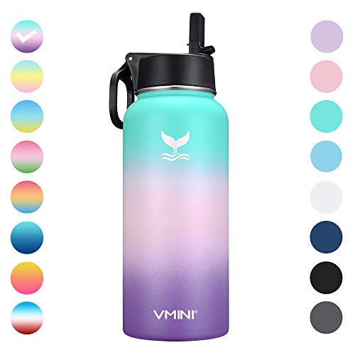 Product Cover Vmini Water Bottle with New Wide Handle Straw Lid, Wide Mouth Vacuum Insulated 18/8 Stainless Steel, 32 oz, Gradient Mint + Pink + Purple