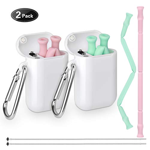 Product Cover Collapsible-Straws-Folding-Drinking-Straw Resuable Stainless Steel Eco-Friendly Portable Straw, with Cleaning Brush Food-Grade for Travel Kitchen Dining Household and Outdoors(Green&Pink)