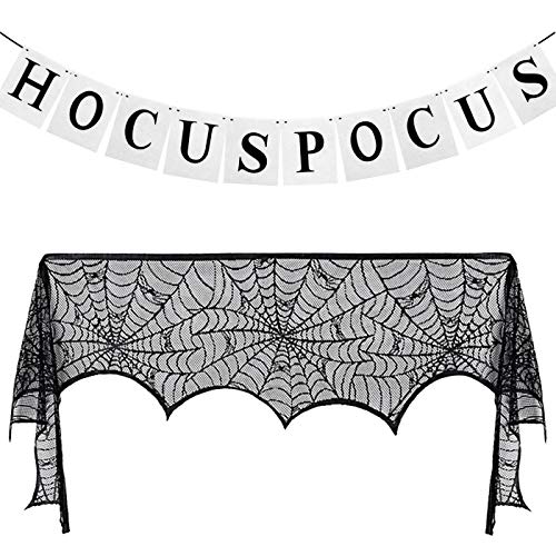Product Cover Tuoyi Halloween Decorations Set, Black Lace Spiderweb Fireplace Mantle Scarf and Hocus Pocus Banner for Halloween Party