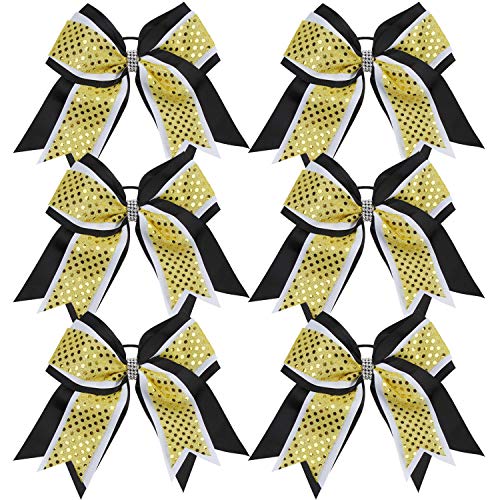 Product Cover Cheerleader Bows 8 Inch 3 Layers 6 Pcs Ponytail Holder Jumbo Cheerleading Bows Hair Elastic Hair Tie for High School College (Black/White/Yellow)