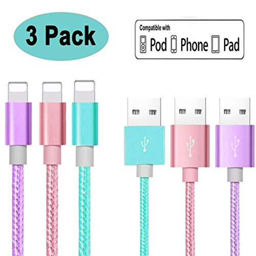 Product Cover Charger Cable 6ft/2m 3Pack Nylon Braided USB Phone Charger Cord Compatible with Phone Xs XS Max XR X 8 8 Plus 7 7 Plus 6s 6s Plus 6 6 Plus Pad Pod Nano Pink Purple Green