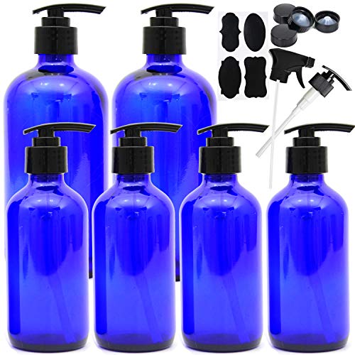 Product Cover Youngever 6 Pack Empty Blue Glass Pump Bottles, 2 Pack 16 Ounce and 4 Pack 8 Ounce Pump Bottles, Soap Dispenser, Refillable Containers for Essential Oils, Cleaning Products, Lotions, Aromatherapy