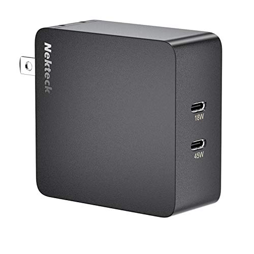Product Cover USB C Wall Charger, Nekteck 63W 2-Port 45W 18W Type C Charger with Power Delivery, Compact Foldable with 6.6Ft Cable for MacBook 12