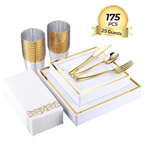 Product Cover FOCUS LINE 175PCS Gold Disposable Dinnerware Sets for Party Wedding 25 Guests Square Dinner Plastic Plates Dessert Plates & Plastic Silverware Set & Cups & Napkins